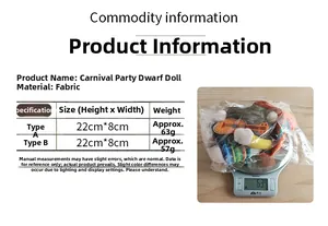 Detailed dimensions and weight chart for 22cm carnival gnome dolls with fabric material