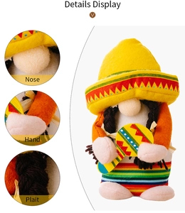 Detail of Mexican party gnome with yellow sombrero, colorful maraca and braided hair
