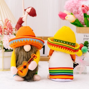 Close-up of Cinco de Mayo gnomes with guitar and festive straw hats for home party decor
