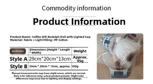 Detailed size chart and weight measurement for lighted coffee gnome plush with LED features