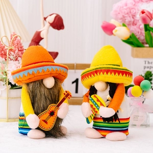 Pair of Mexican carnival gnomes in rainbow outfits with sombreros and guitar