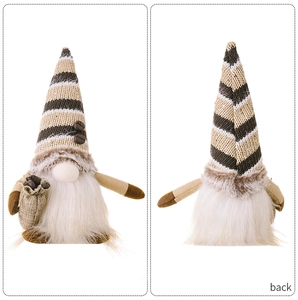 Front and back detail of coffee gnome plush with knitted hat and miniature bean sack