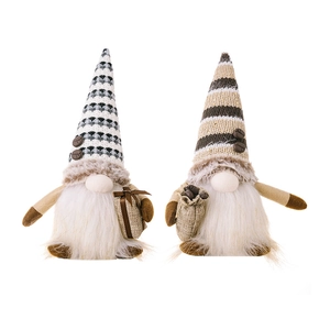 Pair of light-up coffee gnome plush ornaments with knitted hats and faux fur beards