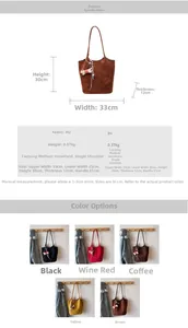 Detailed size chart and multi-color options for the large PU leather shoulder tote bag