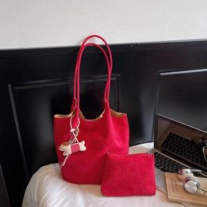 Retro Large Capacity Suede Tote Bag For Women Fashion Minimalist Shoulder Bag Solid Color Commuter Handbag With Dog Pendant