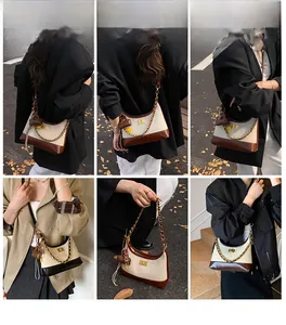 Collage of model wearing a vintage canvas and leather crossbody bag in multiple styles