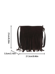 Brown tassel crossbody bag in suede finish showing dimensions of 21.5cm width and 21cm height