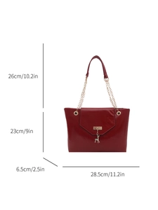 Red PU leather tote bag with deer charm and gold chain strap, front view with dimensions