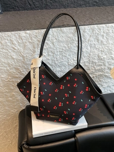 Women Tote Bag PU Leather Large Capacity Fashion V-Shape Opening Casual Cherry Polka Dot Printed Shoulder Bag With Ribbon