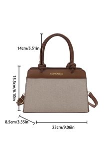 Sac à main classique en toile beige avec bordure en cuir marron et lettrage doré