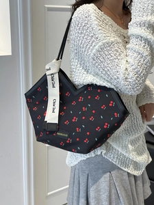 Large black shoulder tote bag with red cherry print and fashion webbing strap