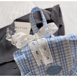 Primo piano di borsa a scacchi azzurra con fiocco in pizzo e targhetta Fashion