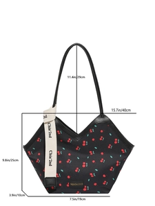 Large black tote bag with cherry print, size dimensions and leather handles on white background