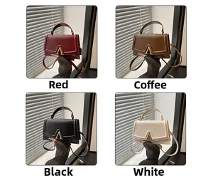Collage of four stylish square handbags in red, coffee, black, and white with metal V clasp