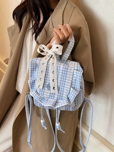 Zaino a quadri blu con pizzo e bordi a volant per donna in stile coreano alla moda