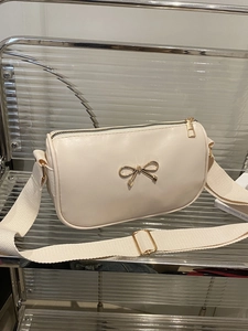 Women Fashion PU Leather Shoulder Bag With Metal Bow Decor Wide Fabric Strap Crossbody Underarm Small Square Bag For Daily
