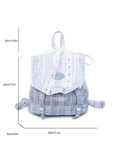 Mini zaino a quadretti blu con pizzo, volant e tabella delle misure del prodotto