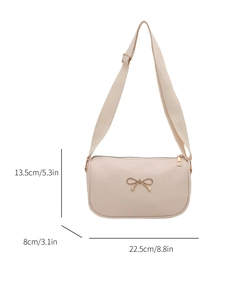 Chic beige crossbody bag with metal bow and adjustable strap, 2025 casual fashion handbag
