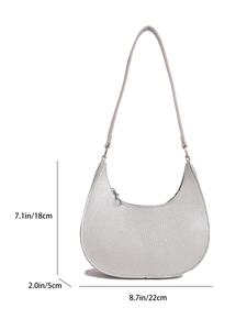 Silver-grey crescent shoulder bag in lychee pattern leather with size dimensions