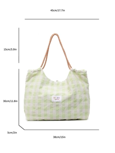 Green plaid canvas tote bag with orange rope handles and 38cm base width dimensions