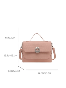 Pink PU leather handbag with woven flap and silver horseshoe buckle 22.5cm size
