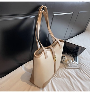 Detail of two-tone tote bag with gold metal buckle and leather straps in a home setting