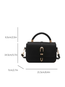 Minimalist black crossbody bag with gold buckle and top handle, size 21.5x14.5x7cm