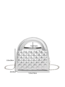 Silver quilted mini handbag with metallic finish and dimensions: 14x9x5cm with chain strap