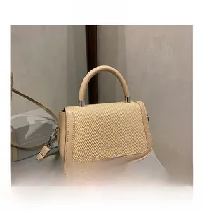 Détail du sac à main beige tissé avec poignée en métal argenté et bandoulière fine