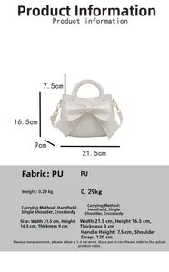 Detailed size chart of white bow handbag showing 21.5cm width and adjustable strap