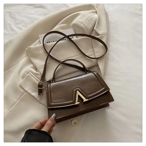 Detail of dark brown leather handbag featuring a golden V-shaped buckle and top handle