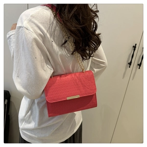 Détail du sac en cuir fuchsia tressé avec boucle dorée et bandoulière chaîne sur modèle