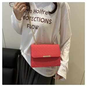 Détail du sac rouge avec texture tressée, garniture dorée et bandoulière chaîne