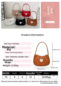 Größentabelle für kleine PU-Schultertasche mit Herzdekor und detailliertem Maßdiagramm
