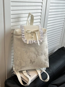 Women Sweet Lolita Backpack Ruffle Bow Artificial Pearl Butterfly Jacquard Large Capacity Travel School Bag Fashion Daypack