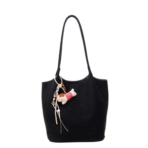 Retro black suede tote bag with cute polka dot puppy pendant and long shoulder straps