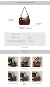 Detailed chart of large PU leather backpack showing size 34x32x13cm and three-way carry usage