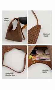 Detailed view of woven leather tote bag showing handle reinforcement and spacious interior