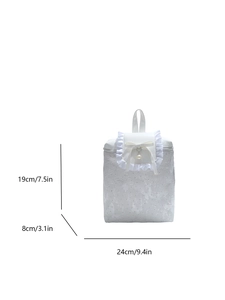 White lace ruffle backpack with bow and pearl detail, size 19x24x8cm for school travel
