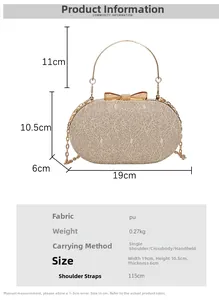 Detailed size chart for glitter evening bag with bow clasp and metal chain strap