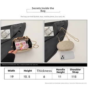 Detailed size chart and dimensions of the sequined evening clutch bag with chain strap