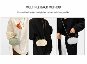 Detailed views of sequined clutch bag showing handheld and shoulder carry with chain
