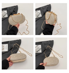 Detailed views of champagne lace evening bag with gold ring handle and chain strap