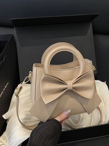 Women Handbag PU Leather Large Bow Decor Top Handle Crossbody Shoulder Bag Solid Color Fashionable