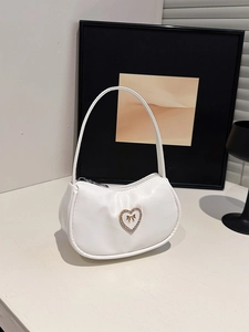 Women Small Underarm Shoulder Bag PU Leather Heart Rhinestone Bow Decor Fashion Sweet Solid Color Zipper Handbag