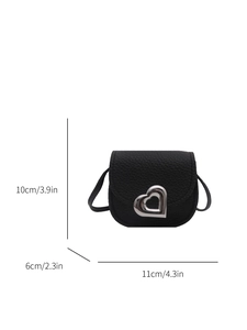 Mini black lychee leather crossbody bag with silver heart buckle and dimensions info