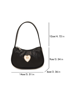 Black PU leather mini handbag with rhinestone heart bow and product size annotations
