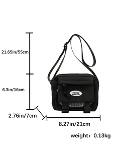 Japanese style black messenger bag with size chart and adjustable shoulder strap
