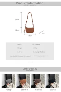Detailed size specifications and multi-color options of the mini PU saddle crossbody bag