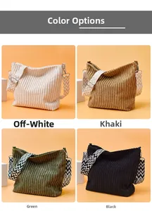 Options de sac cabas en velours côtelé : blanc cassé, kaki, vert et noir avec bandoulière